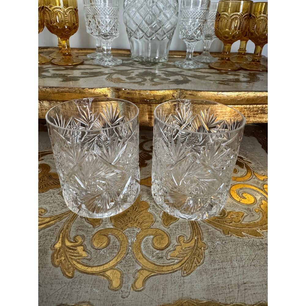 Vintage Hand Cut Crystal Old Fashioned Glasses Set of 2 Starburst Fan Cut Rocks